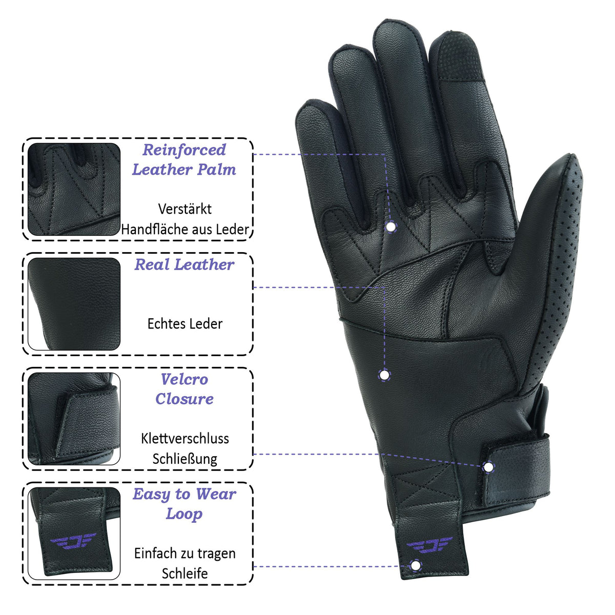 JAUNTY Women’s Motorcycle Leather Gloves | Touchscreen Riding Gloves with Hard Knuckle Protection